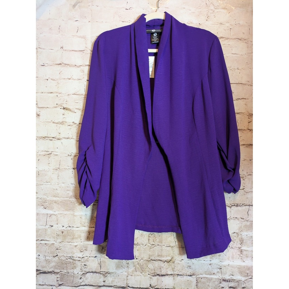 NEW Ashley Stewart Top 14/16 In Bright Purple Open Front Ruched Slouch Sleeves